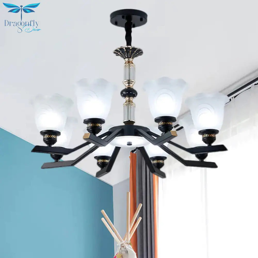 Frosted Glass Black Chandelier Lighting Floral Shade 3/6/8 - Head Rural Style Hanging Pendant Light