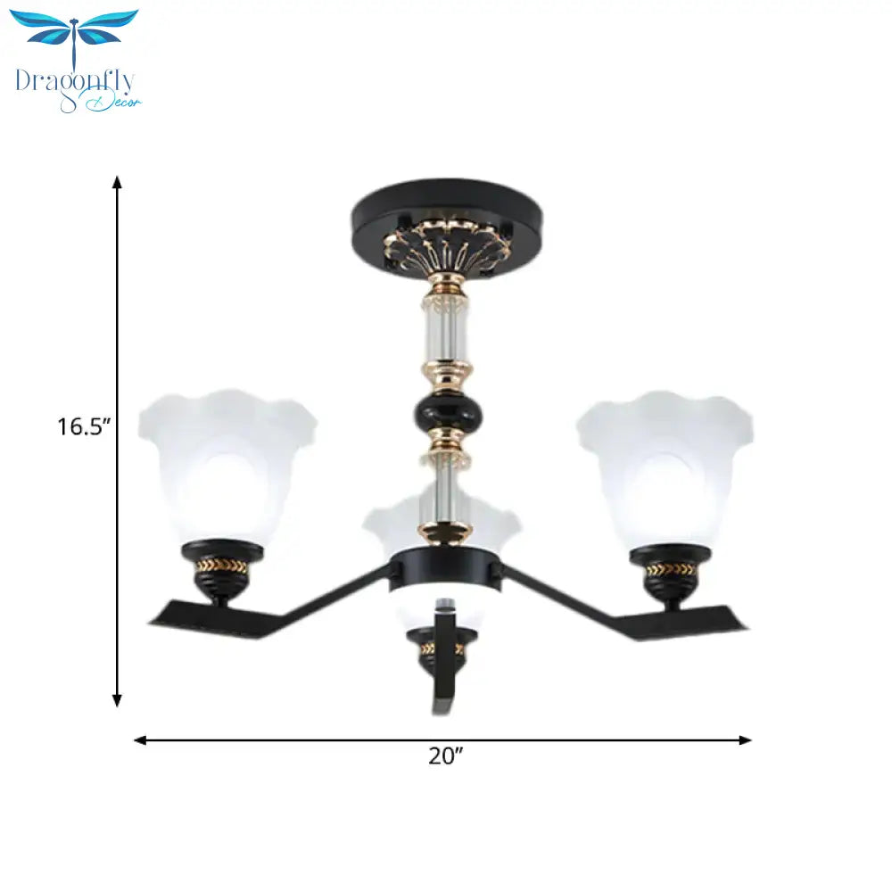 Frosted Glass Black Chandelier Lighting Floral Shade 3/6/8 - Head Rural Style Hanging Pendant Light
