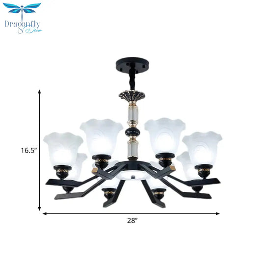 Frosted Glass Black Chandelier Lighting Floral Shade 3/6/8 - Head Rural Style Hanging Pendant Light