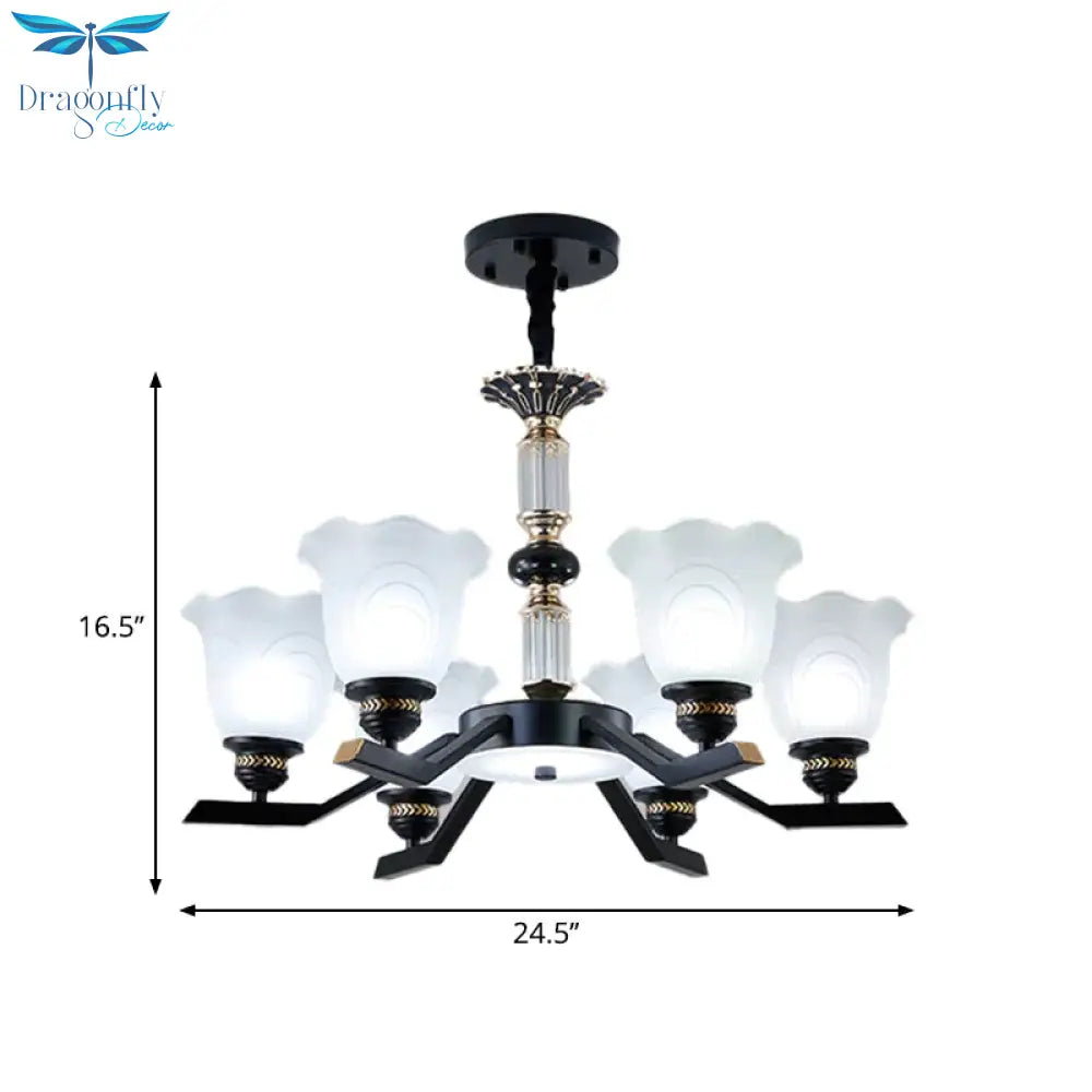 Frosted Glass Black Chandelier Lighting Floral Shade 3/6/8 - Head Rural Style Hanging Pendant Light
