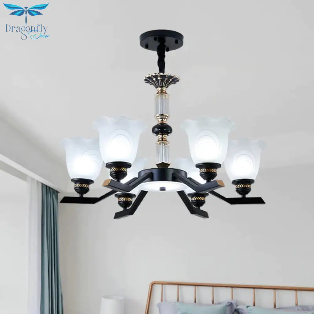 Frosted Glass Black Chandelier Lighting Floral Shade 3/6/8 - Head Rural Style Hanging Pendant Light