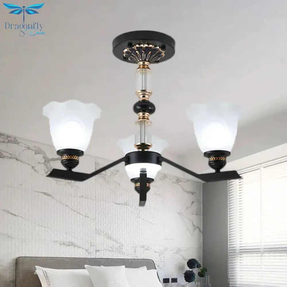 Frosted Glass Black Chandelier Lighting Floral Shade 3/6/8 - Head Rural Style Hanging Pendant Light