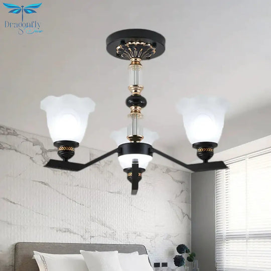 Frosted Glass Black Chandelier Lighting Floral Shade 3/6/8 - Head Rural Style Hanging Pendant Light