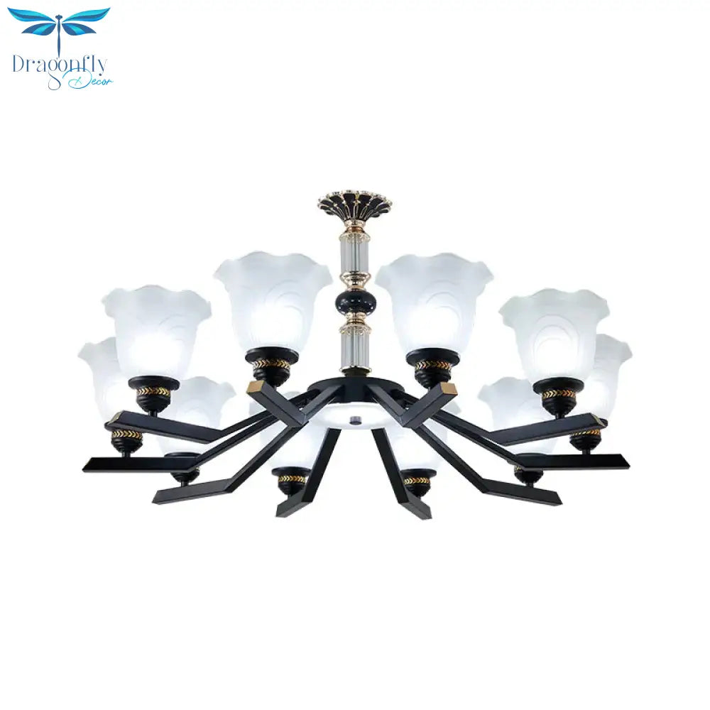 Frosted Glass Black Chandelier Lighting Floral Shade 3/6/8 - Head Rural Style Hanging Pendant Light