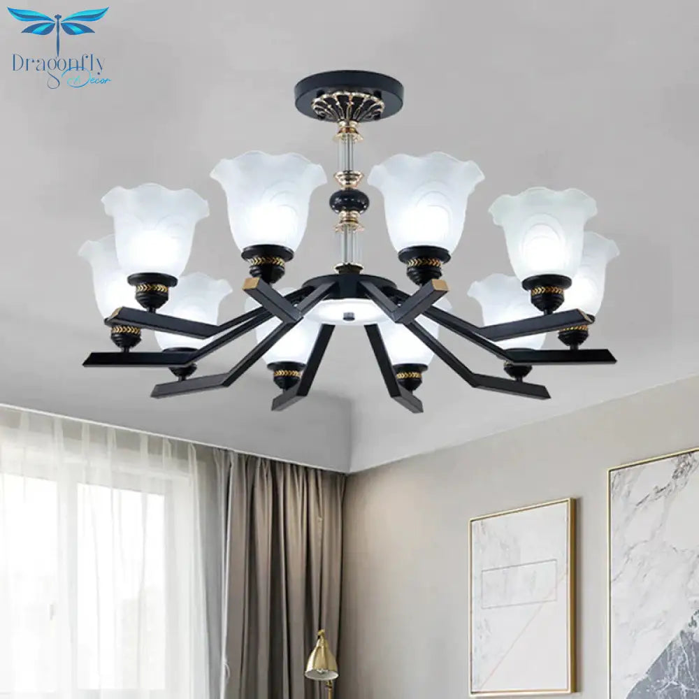 Frosted Glass Black Chandelier Lighting Floral Shade 3/6/8 - Head Rural Style Hanging Pendant Light