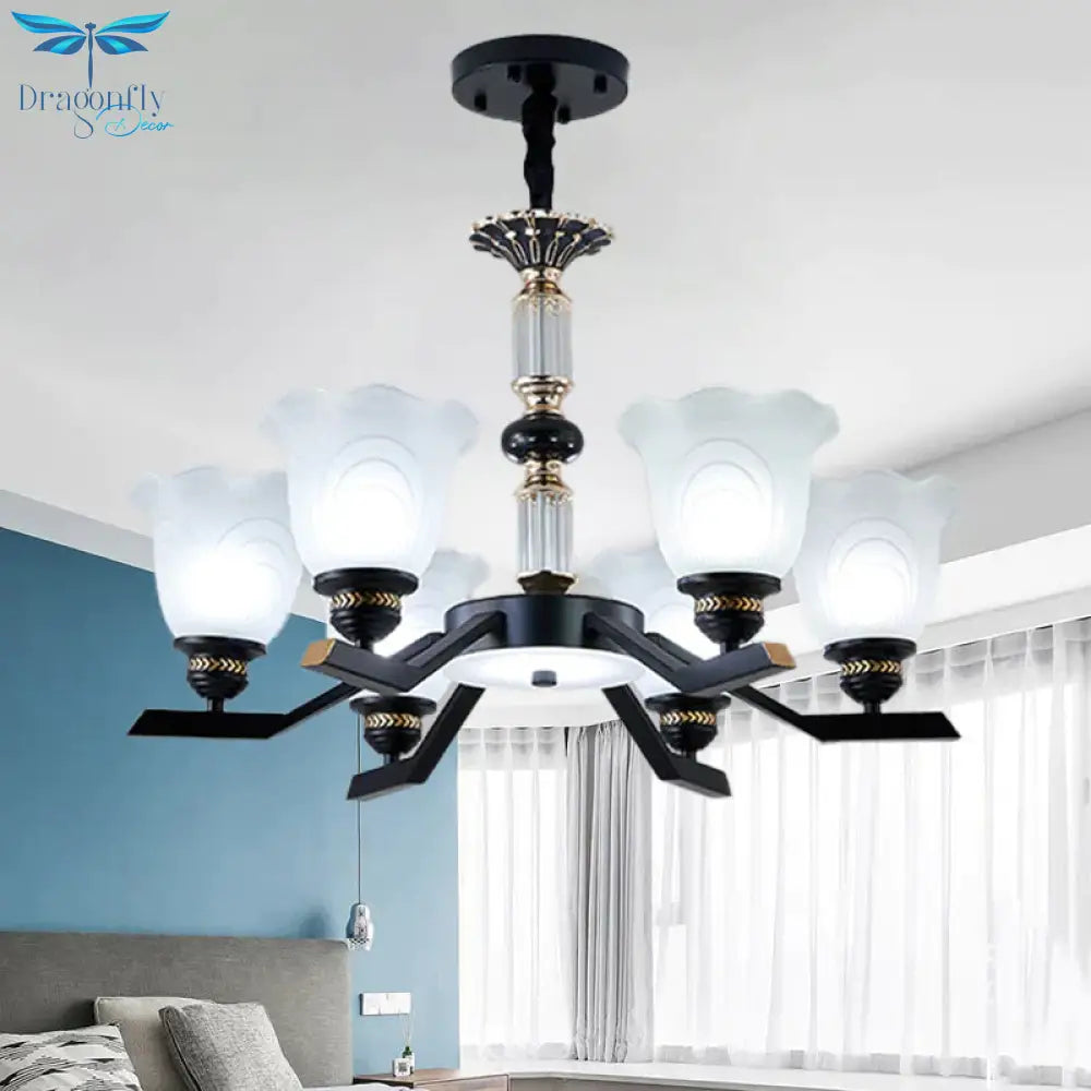 Frosted Glass Black Chandelier Lighting Floral Shade 3/6/8 - Head Rural Style Hanging Pendant Light
