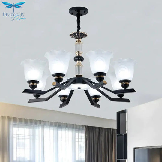Frosted Glass Black Chandelier Lighting Floral Shade 3/6/8 - Head Rural Style Hanging Pendant Light