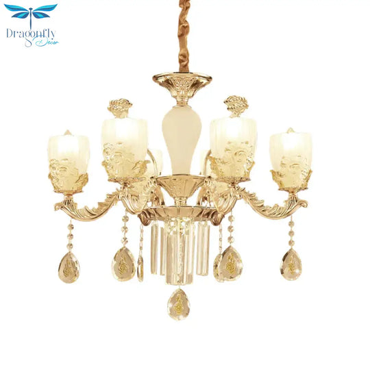 Frosted Glass Floral Chandelier Mid Century 6/8 Heads Bedroom Suspension Lamp In Gold With Crystal