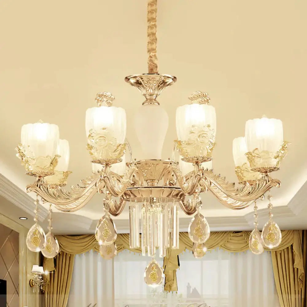 Frosted Glass Floral Chandelier Mid Century 6/8 Heads Bedroom Suspension Lamp In Gold With Crystal