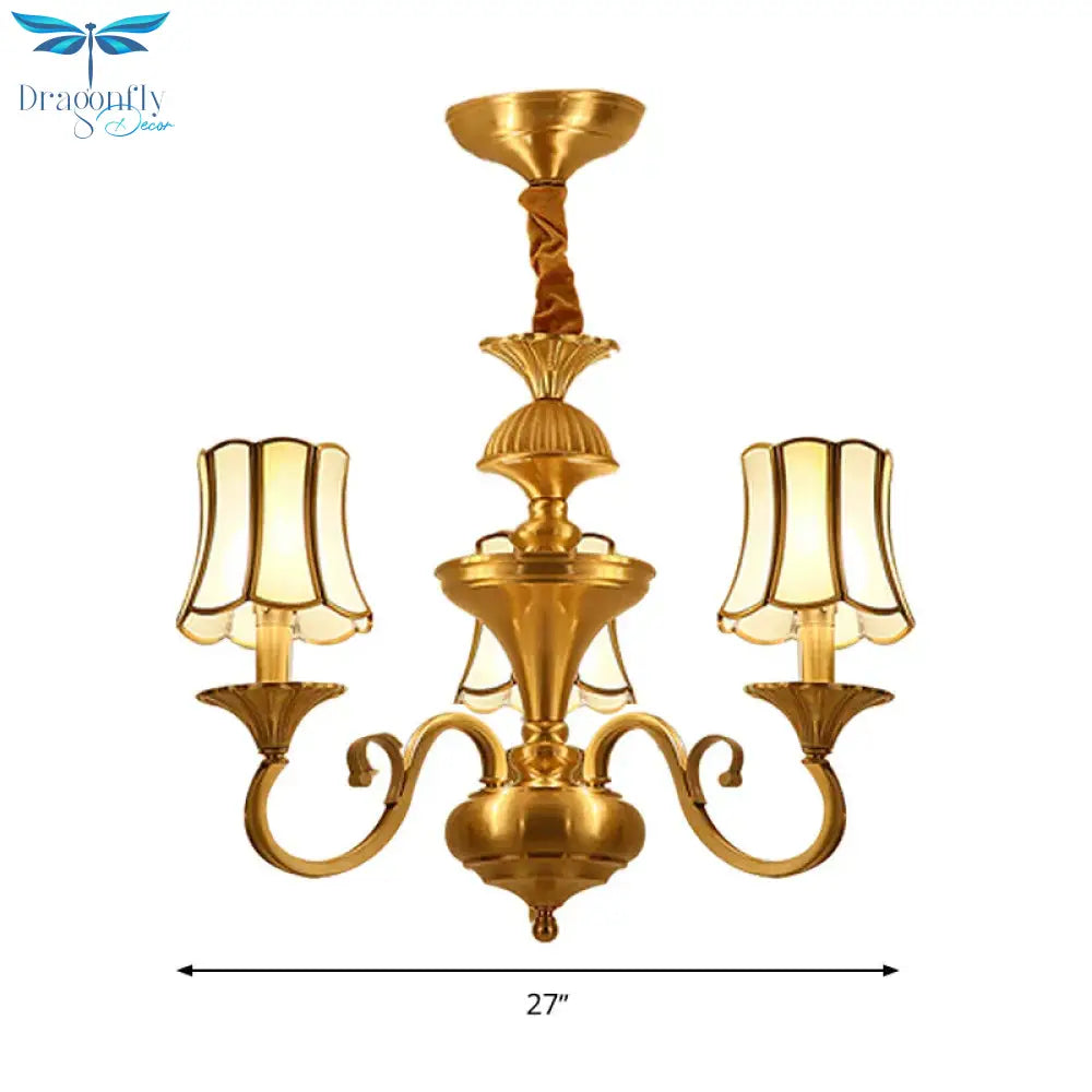 Frosted Glass Gold Pendant Chandelier Flared 3/6 Lights Colonialism Ceiling Hang Fixture For Bedroom