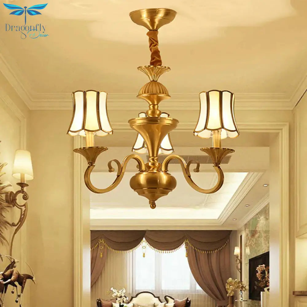 Frosted Glass Gold Pendant Chandelier Flared 3/6 Lights Colonialism Ceiling Hang Fixture For Bedroom