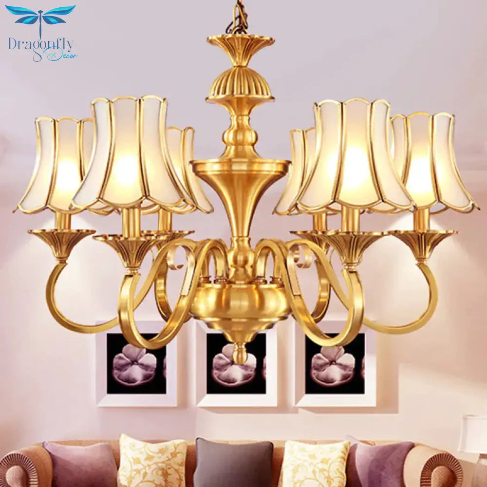 Frosted Glass Gold Pendant Chandelier Flared 3/6 Lights Colonialism Ceiling Hang Fixture For Bedroom