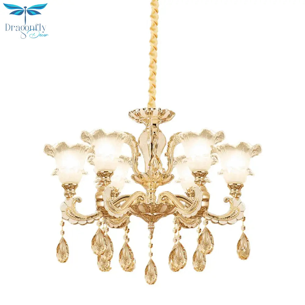 Frosted Glass Gold Pendant Light Ruffle 6 Heads Traditional Chandelier Lamp For Dining Room