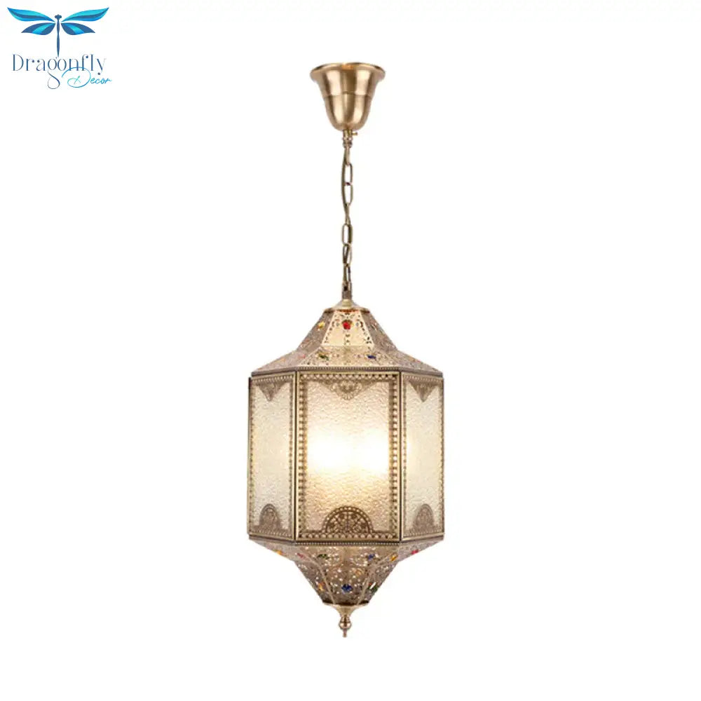 Frosted Glass Hexagonal Hanging Light Kit Decorative 3 Lights Porch Chandelier Lamp In Brass