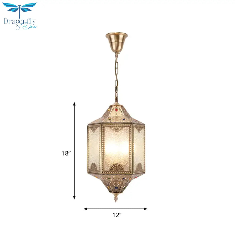 Frosted Glass Hexagonal Hanging Light Kit Decorative 3 Lights Porch Chandelier Lamp In Brass