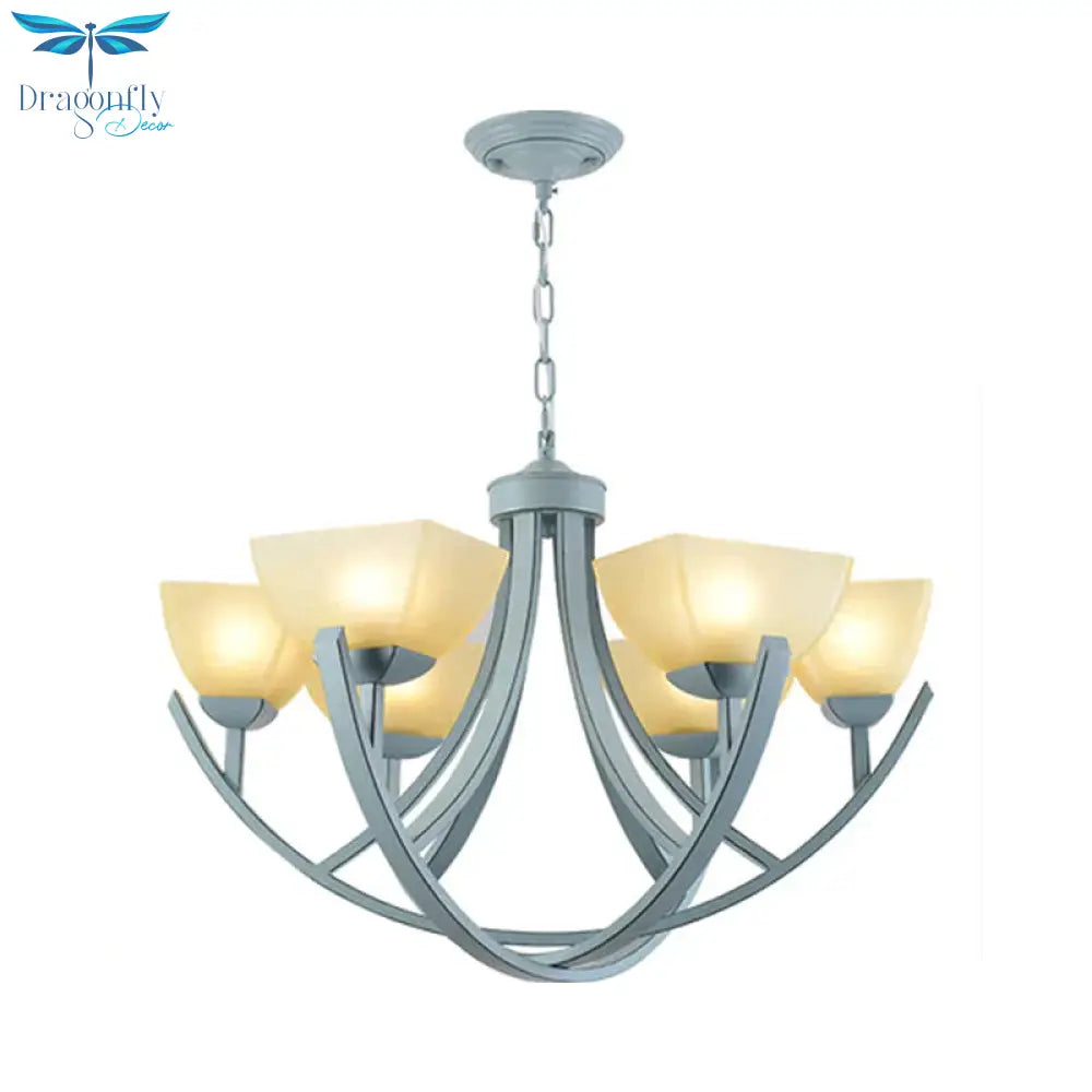 Frosted Glass Trapezoid Hanging Lamp Kit Simple 6 - Head Chandelier Light Fixture With Curved Arm