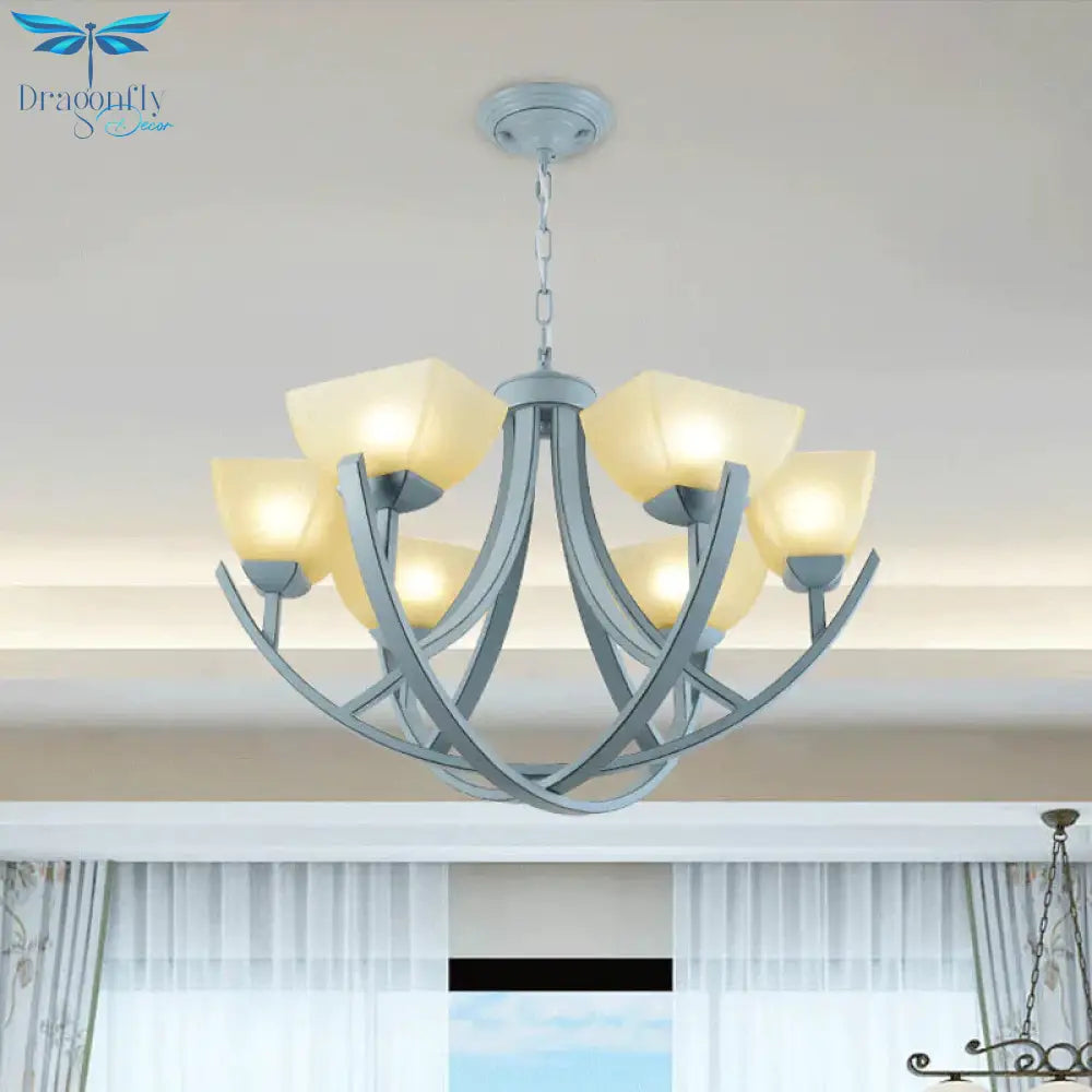 Frosted Glass Trapezoid Hanging Lamp Kit Simple 6 - Head Chandelier Light Fixture With Curved Arm
