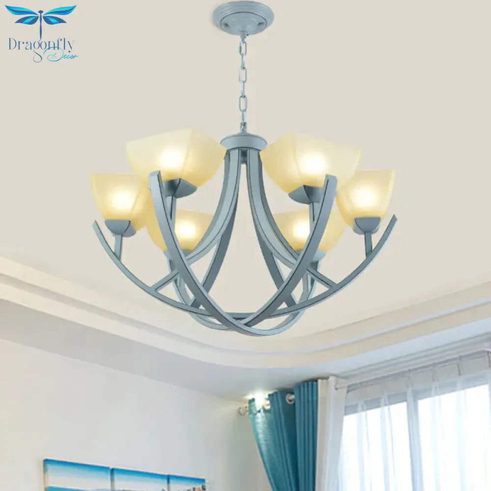 Frosted Glass Trapezoid Hanging Lamp Kit Simple 6 - Head Chandelier Light Fixture With Curved Arm