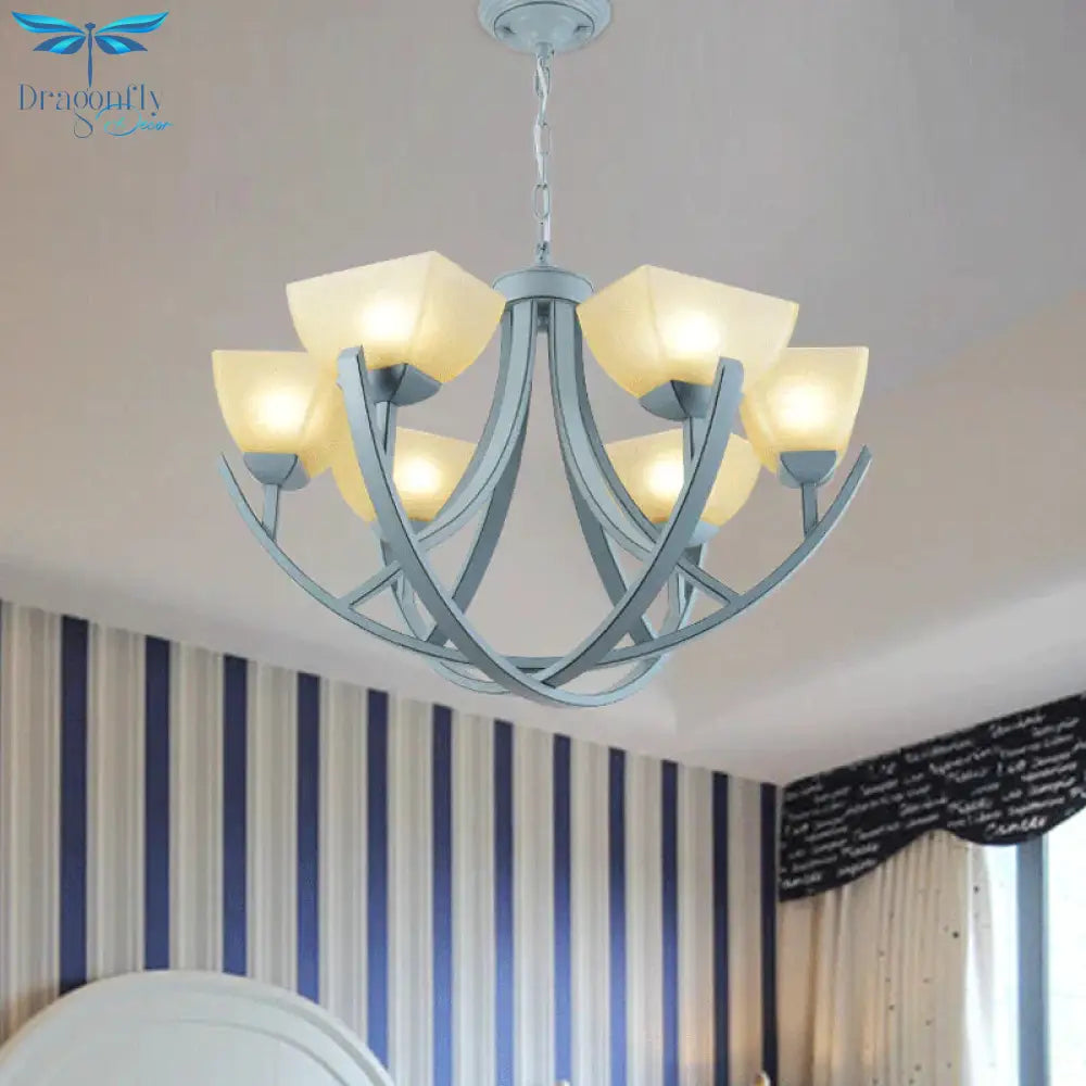 Frosted Glass Trapezoid Hanging Lamp Kit Simple 6 - Head Chandelier Light Fixture With Curved Arm