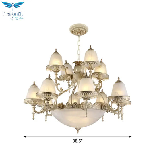 Frosted Glass White Chandelier Tiered Bell Shaped 15 - Light Country Style Hanging Light