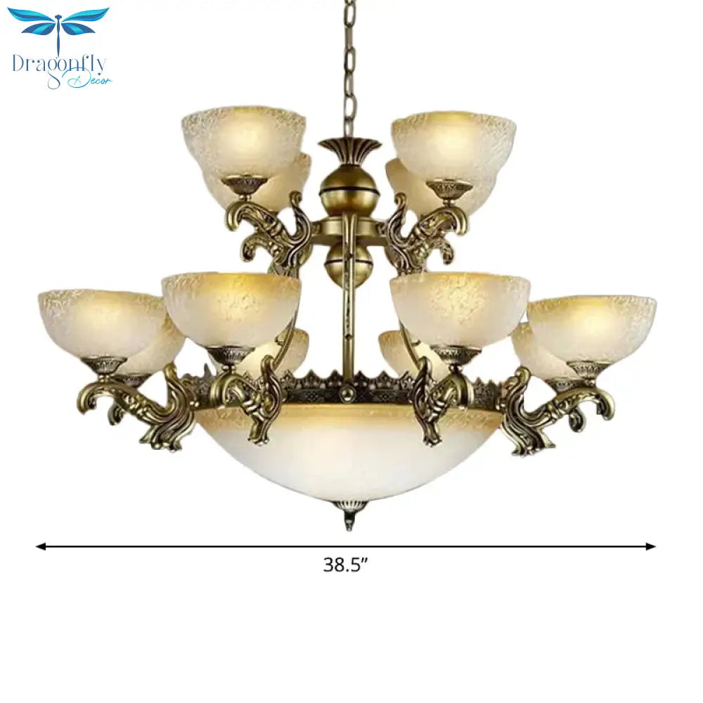 Frosted Patterned Glass Bowl Drop Lamp Rustic 15 - Light Living Room Ceiling Chandelier In Bronze