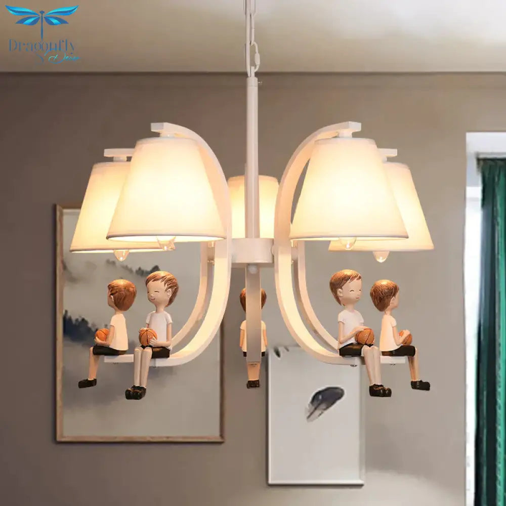 Girl/Boy Statue Suspension Light Kids Iron 5 - Bulb Bedroom Pendant Chandelier With Cone Fabric