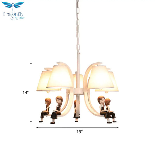 Girl/Boy Statue Suspension Light Kids Iron 5 - Bulb Bedroom Pendant Chandelier With Cone Fabric