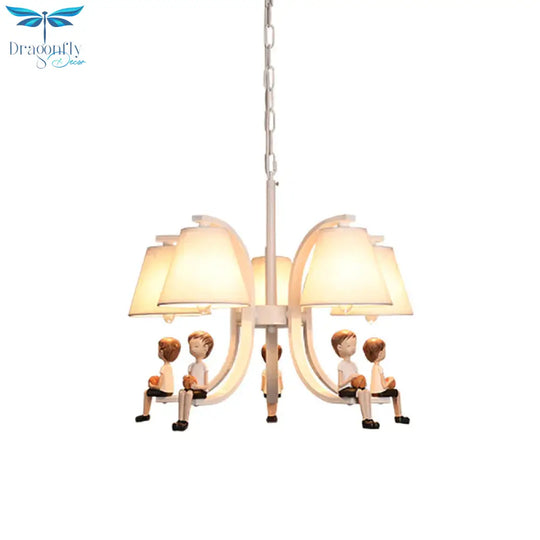 Girl/Boy Statue Suspension Light Kids Iron 5 - Bulb Bedroom Pendant Chandelier With Cone Fabric