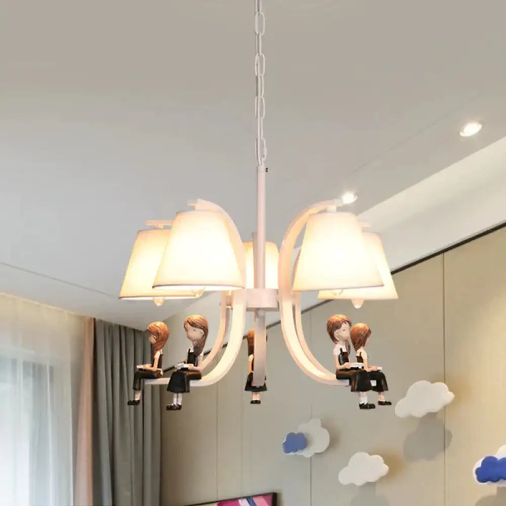 Girl/Boy Statue Suspension Light Kids Iron 5 - Bulb Bedroom Pendant Chandelier With Cone Fabric