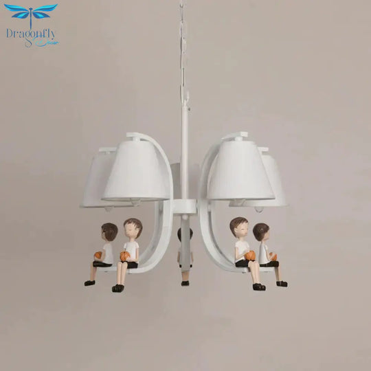 Girl/Boy Statue Suspension Light Kids Iron 5 - Bulb Bedroom Pendant Chandelier With Cone Fabric