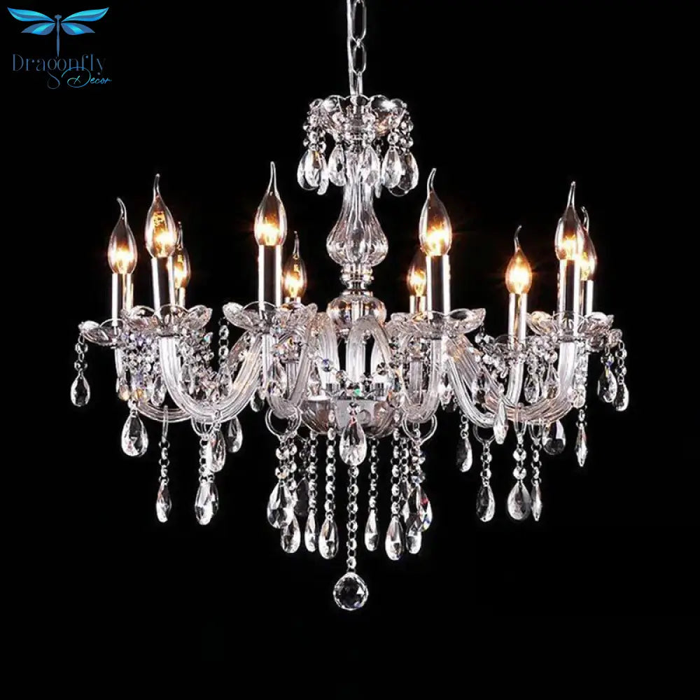 Glam Candle - Style Curving Arm Chandelier Crystal Strands In Chrome Finish