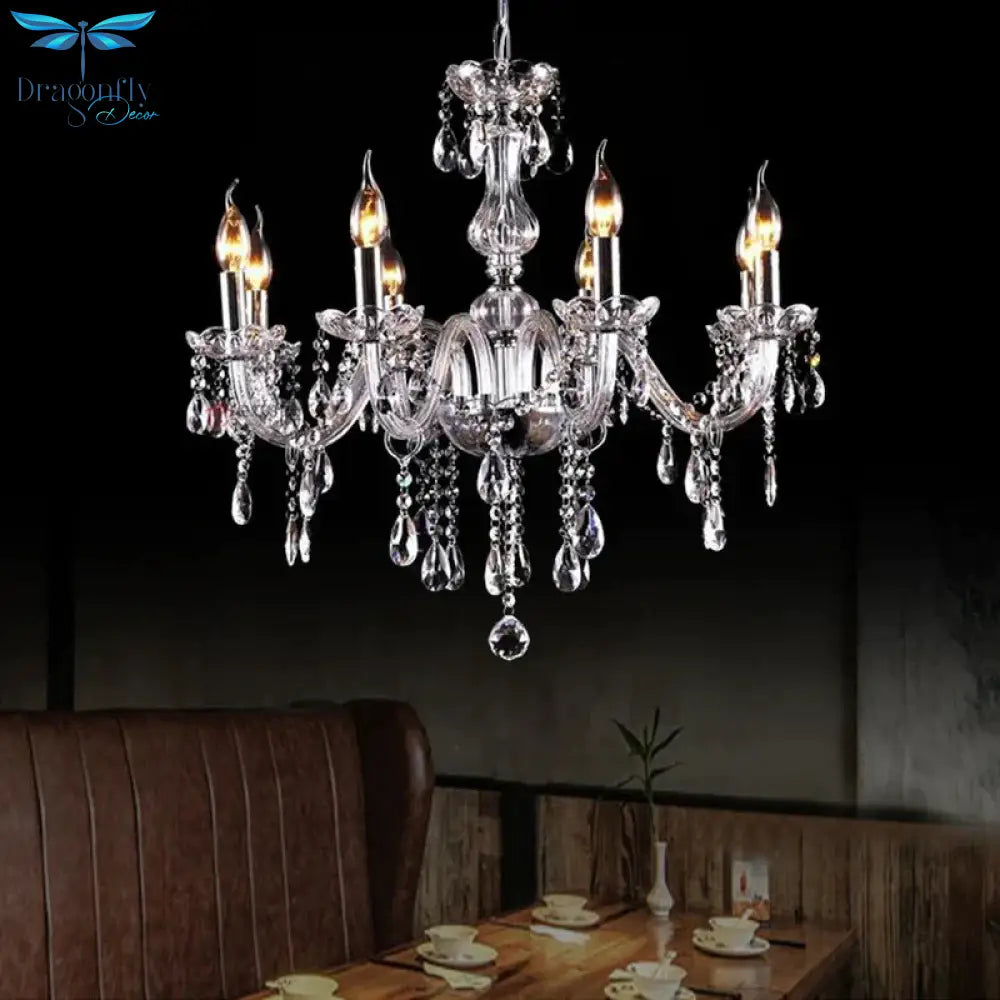 Glam Candle - Style Curving Arm Chandelier Crystal Strands In Chrome Finish