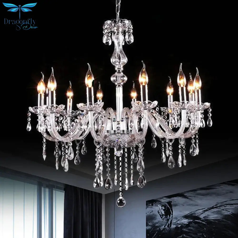 Glam Candle - Style Curving Arm Chandelier Crystal Strands In Chrome Finish