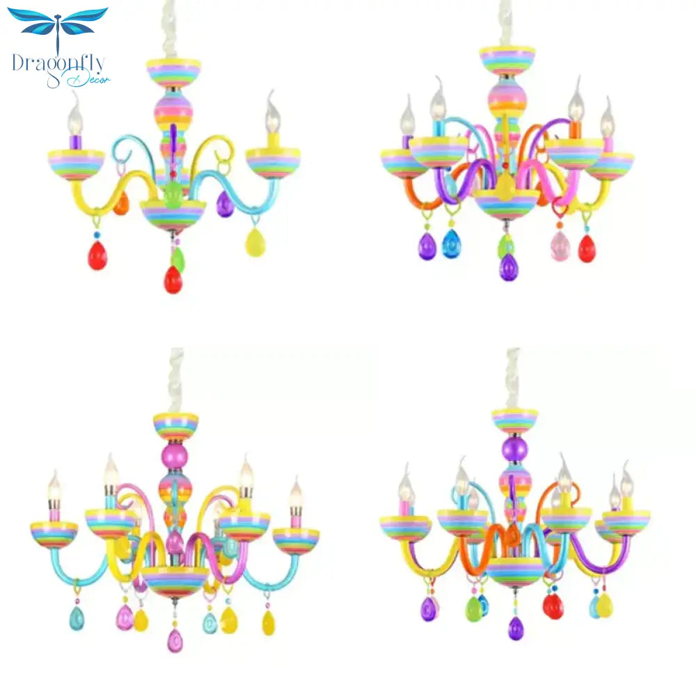 Glass Candle Pendant Light With Crystal Pretty Multi - Colored Chandelier For Kindergarten