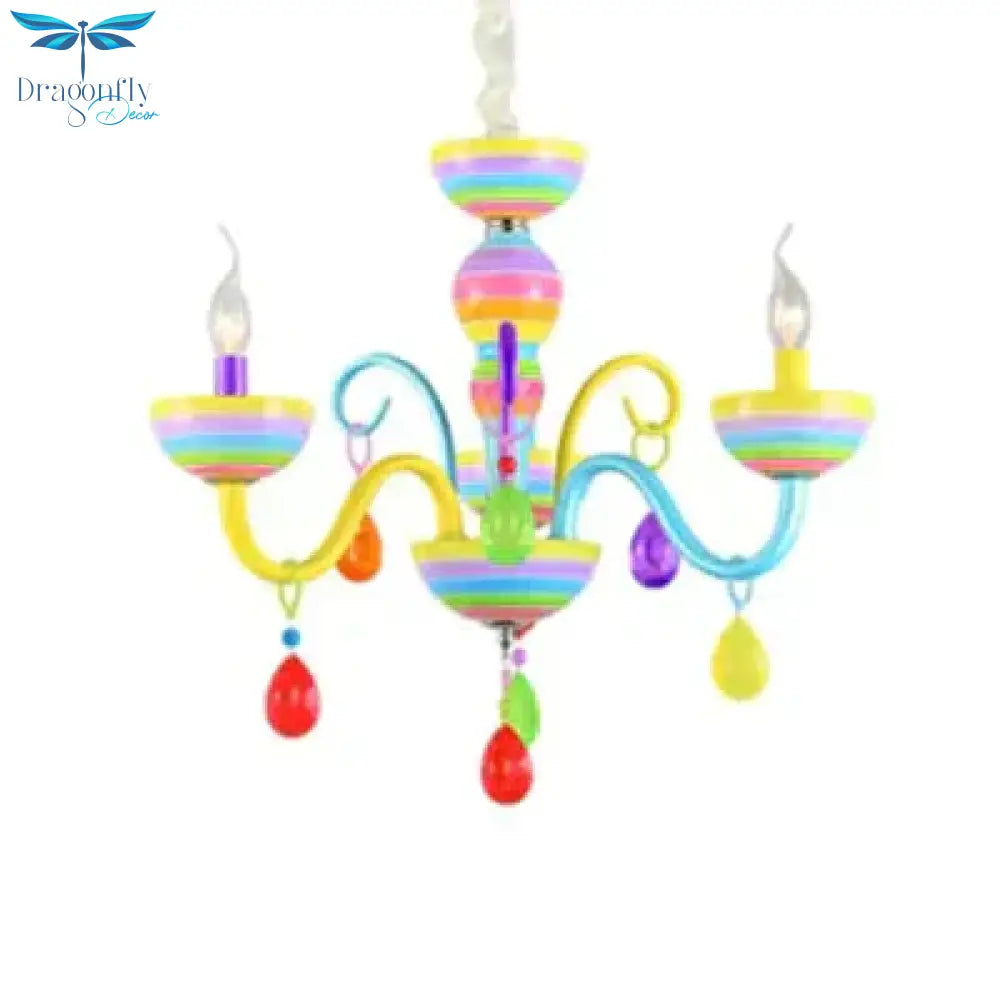 Glass Candle Pendant Light With Crystal Pretty Multi - Colored Chandelier For Kindergarten