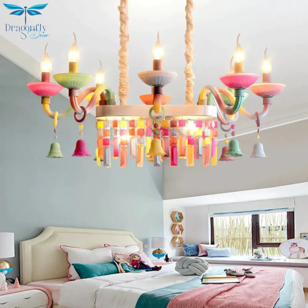 Glass Candle Suspension Light With Little Bell Kid Bedroom Kids Modern Colorful Chandelier