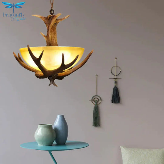 Glass Deer Antler Chandelier Lamp Farmhouse 3 - Head Indoor Pendant Ceiling Light In Brown