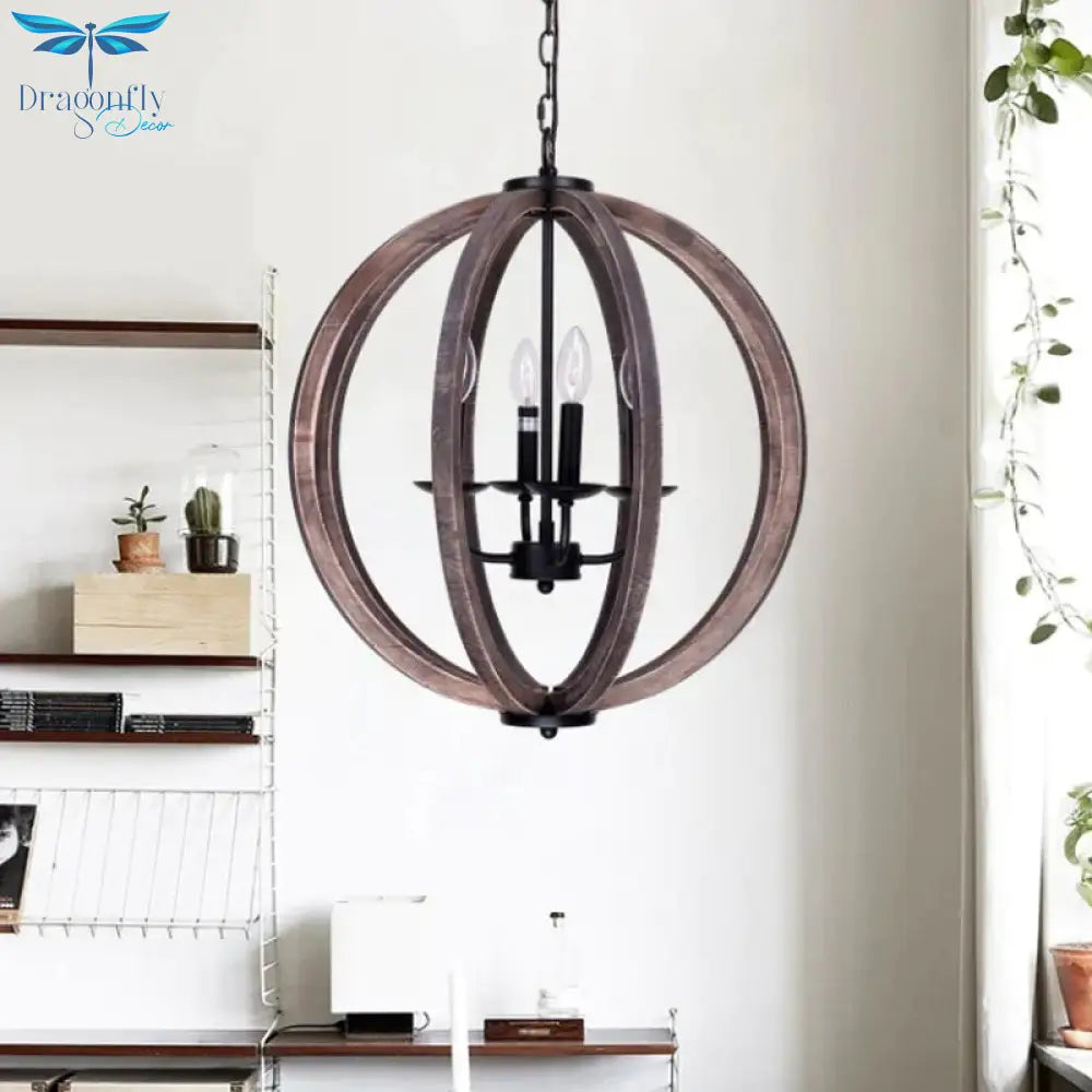 Global Chandelier Light Rustic Wood 4 Heads Brown Hanging Lamp Kit For Living Room
