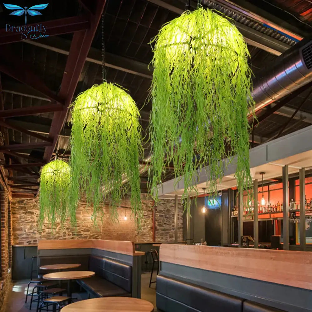 Globe Cage Dining Room Pendant Lamp Loft Metal 5 Heads Green Chandelier Lighting Fixture With