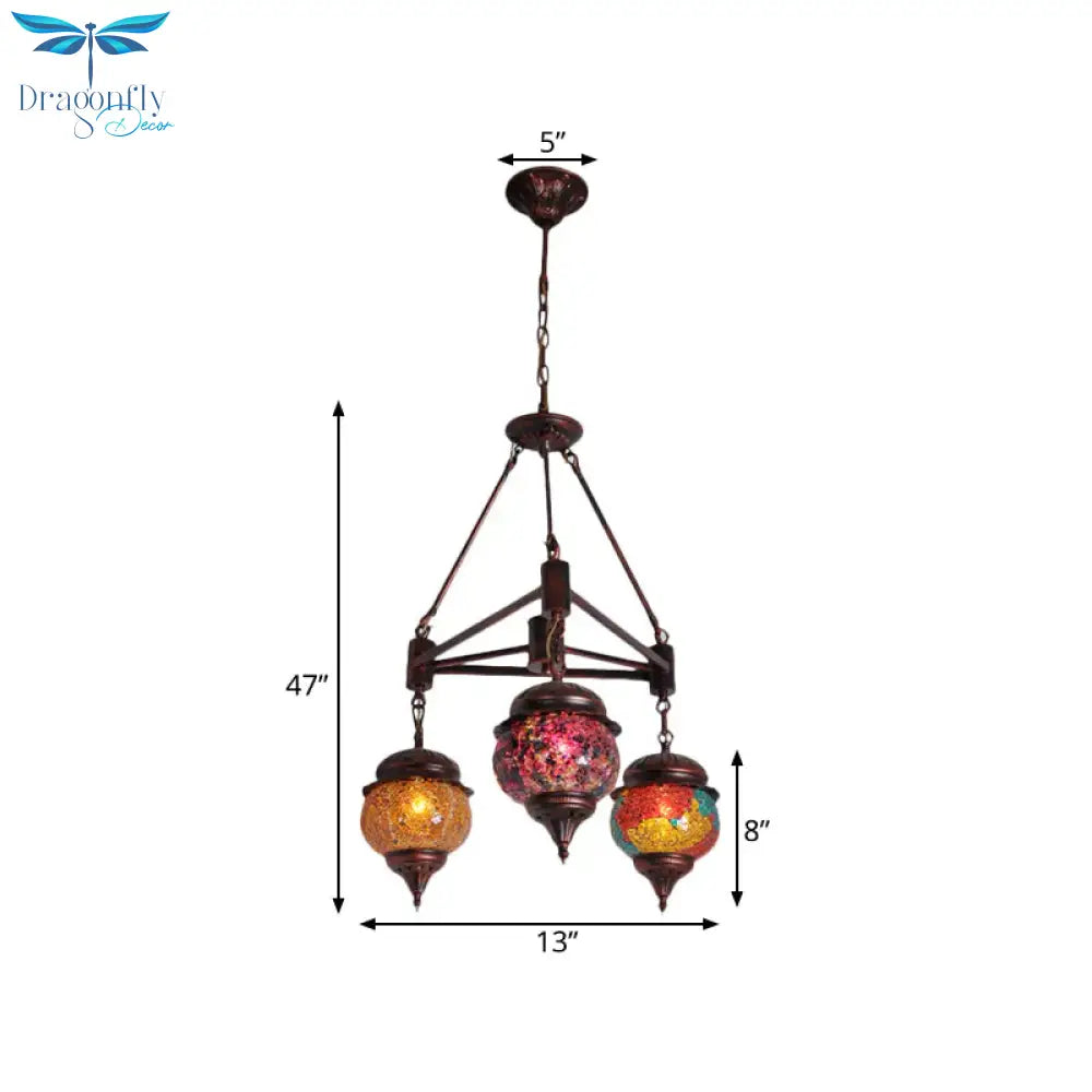 Globe Living Room Hanging Chandelier Moroccan Stained Glass 3 Lights Weathered Copper Pendant Lamp