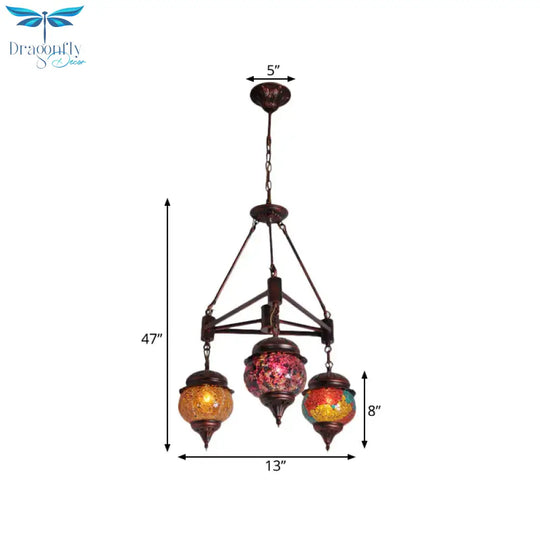 Globe Living Room Hanging Chandelier Moroccan Stained Glass 3 Lights Weathered Copper Pendant Lamp