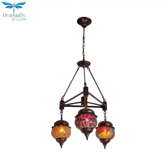 Globe Living Room Hanging Chandelier Moroccan Stained Glass 3 Lights Weathered Copper Pendant Lamp