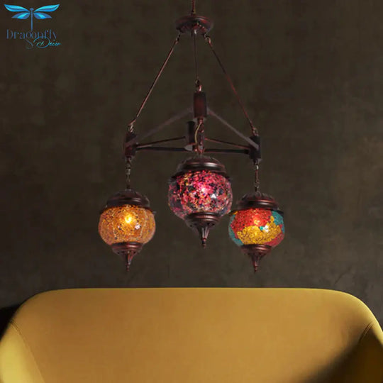 Globe Living Room Hanging Chandelier Moroccan Stained Glass 3 Lights Weathered Copper Pendant Lamp
