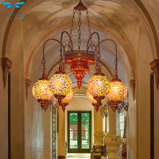 Globe Restaurant Chandelier Lighting Fixture Metal 6 Lights Gold Pendant Light With Colorful Glass