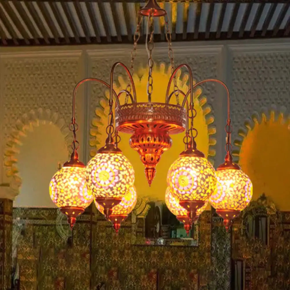 Globe Restaurant Chandelier Lighting Fixture Metal 6 Lights Gold Pendant Light With Colorful Glass