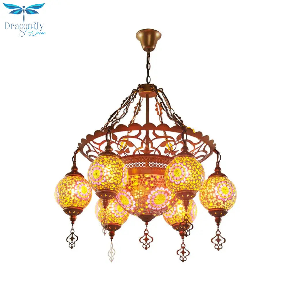 Globe Restaurant Chandelier Lighting Fixture Metal 6 Lights Gold Pendant Light With Colorful Glass