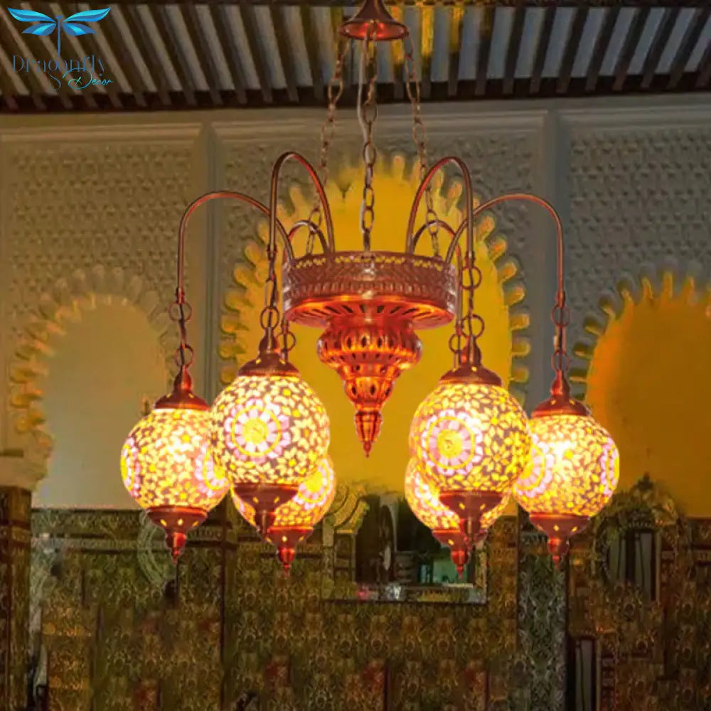 Globe Restaurant Chandelier Lighting Fixture Metal 6 Lights Gold Pendant Light With Colorful Glass