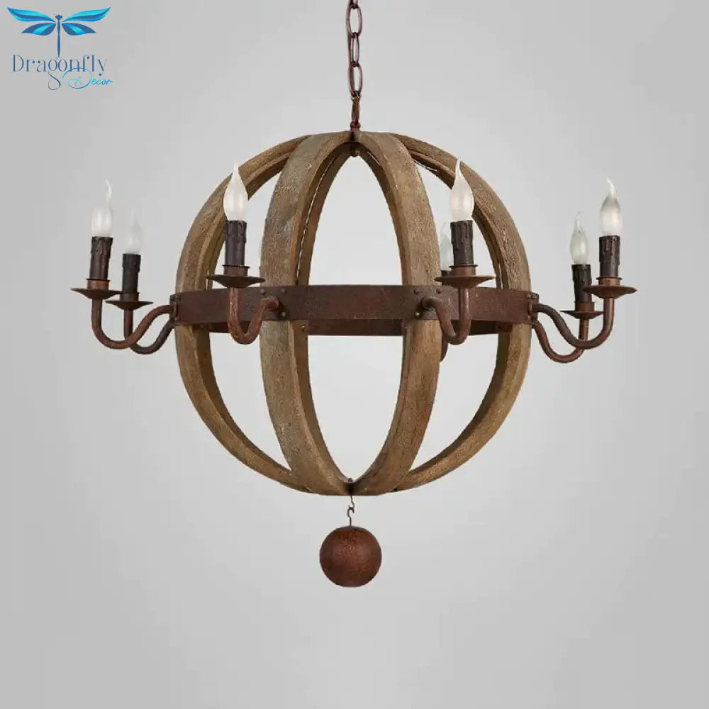Globe Wooden Ceiling Light Traditional 6/8 - Bulb Dining Room Pendant Chandelier In Brown