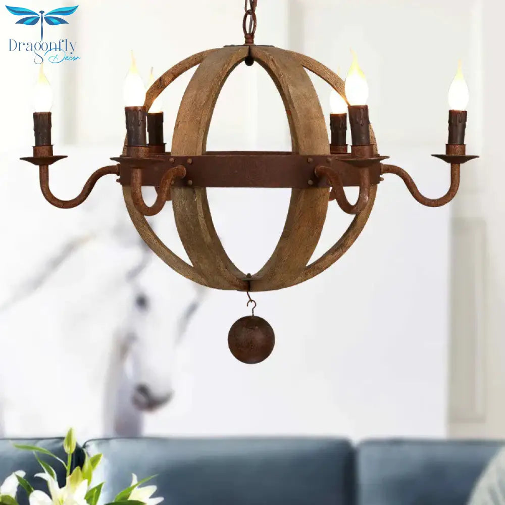 Globe Wooden Ceiling Light Traditional 6/8 - Bulb Dining Room Pendant Chandelier In Brown