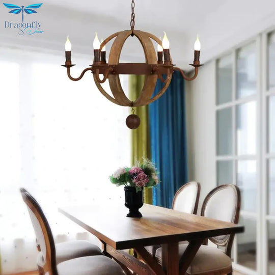 Globe Wooden Ceiling Light Traditional 6/8 - Bulb Dining Room Pendant Chandelier In Brown